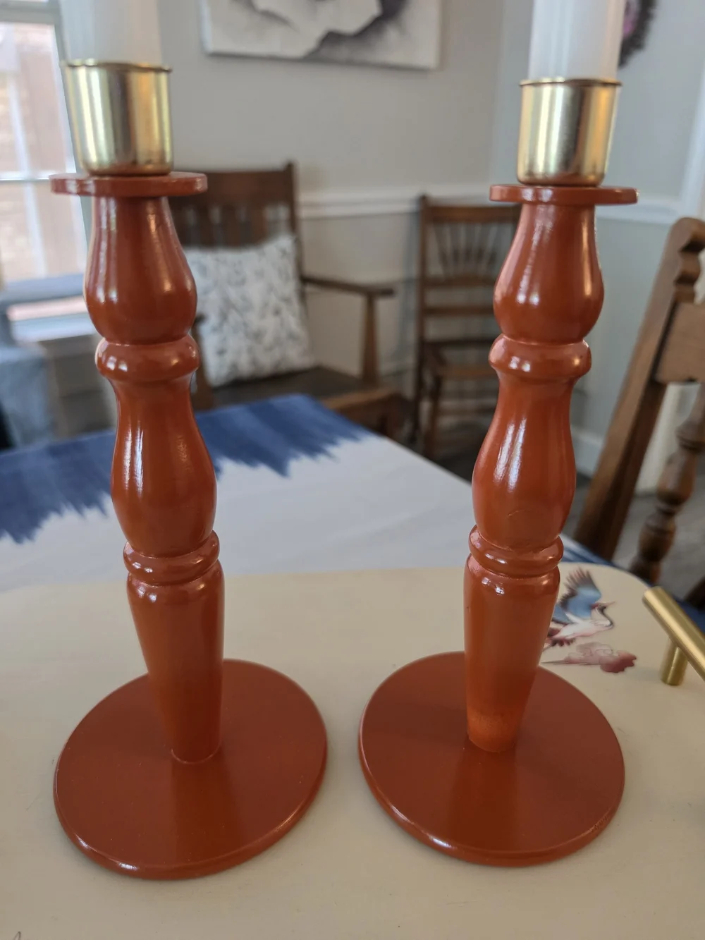 Pair of hand-turned vintage wooden candlestick holders Warm Terracotta hue